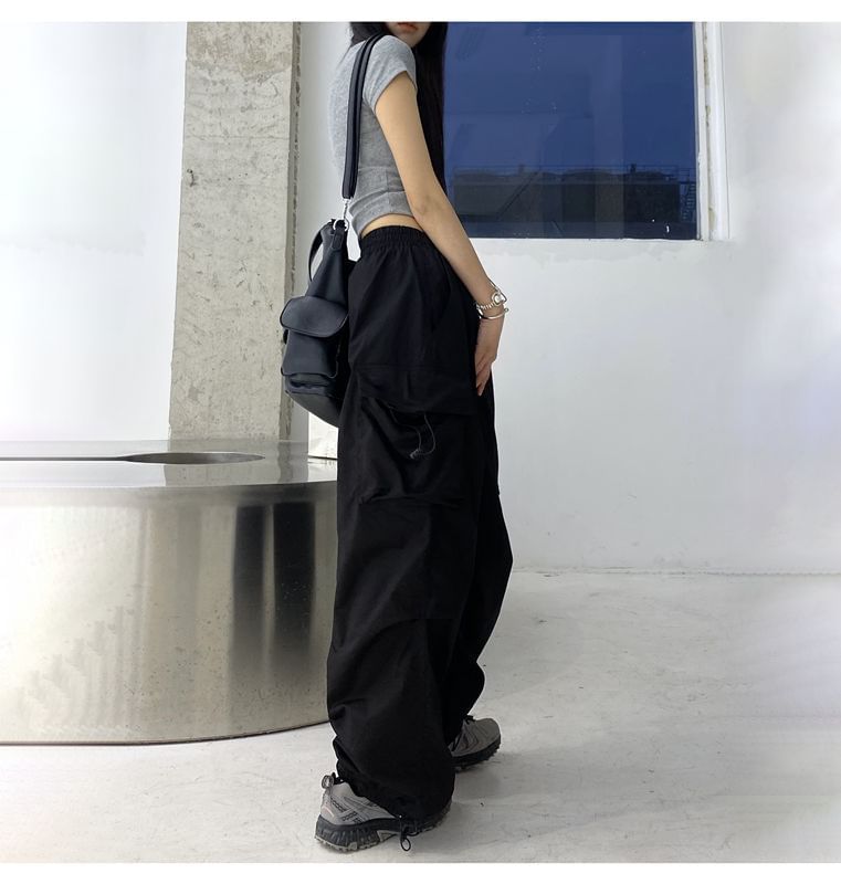 Wide Plain Cargo Pants Drawstring Waist Leg