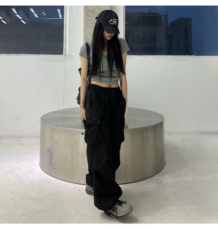 Wide Plain Cargo Pants Drawstring Waist Leg