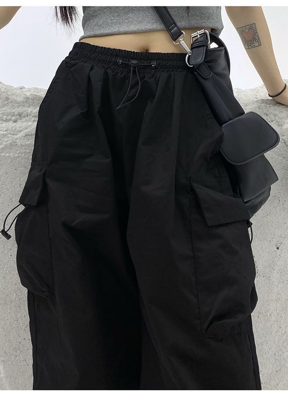 Wide Plain Cargo Pants Drawstring Waist Leg
