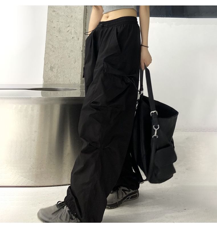 Wide Plain Cargo Pants Drawstring Waist Leg