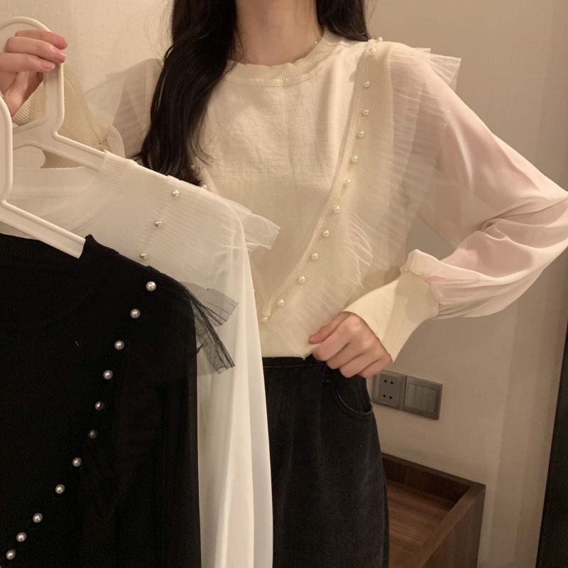 Top Plain Faux Long-Sleeve Neck Trim Ruffle Crew Knit Pearl