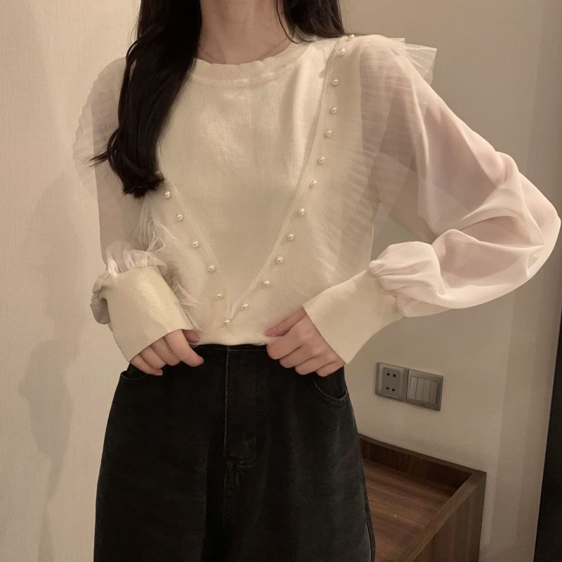Top Plain Faux Long-Sleeve Neck Trim Ruffle Crew Knit Pearl