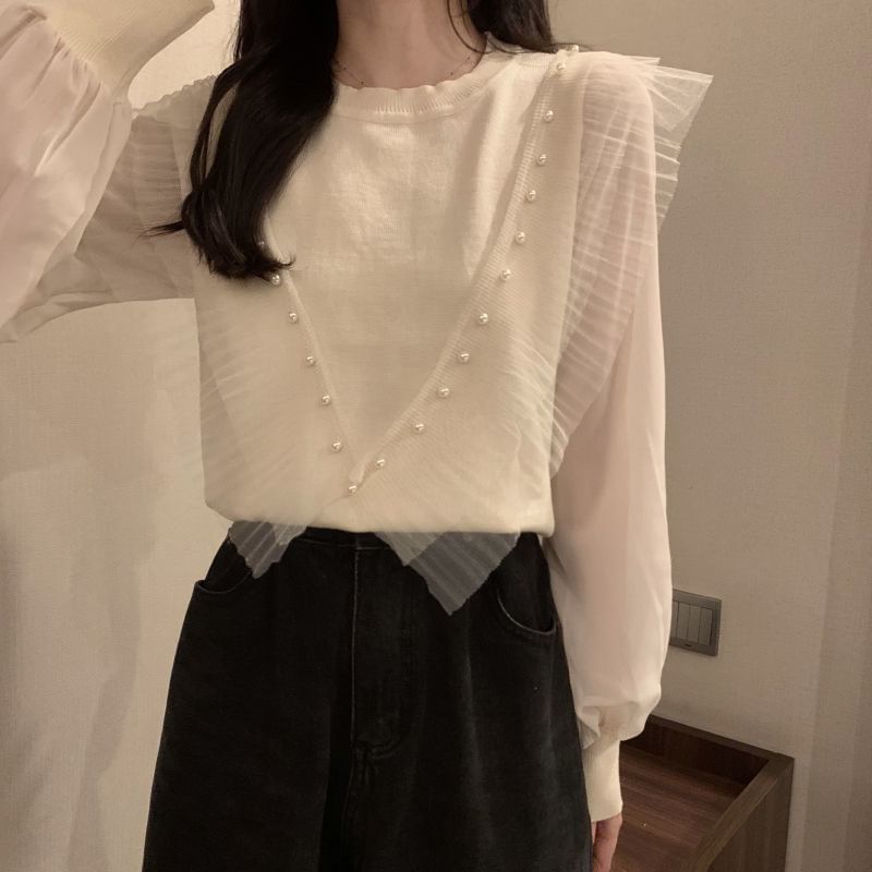 Top Plain Faux Long-Sleeve Neck Trim Ruffle Crew Knit Pearl