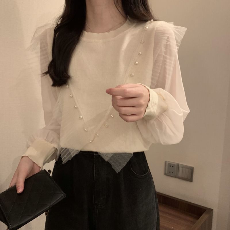 Top Plain Faux Long-Sleeve Neck Trim Ruffle Crew Knit Pearl