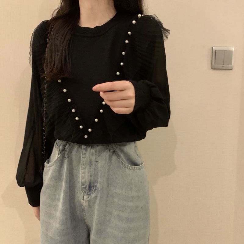 Top Plain Faux Long-Sleeve Neck Trim Ruffle Crew Knit Pearl