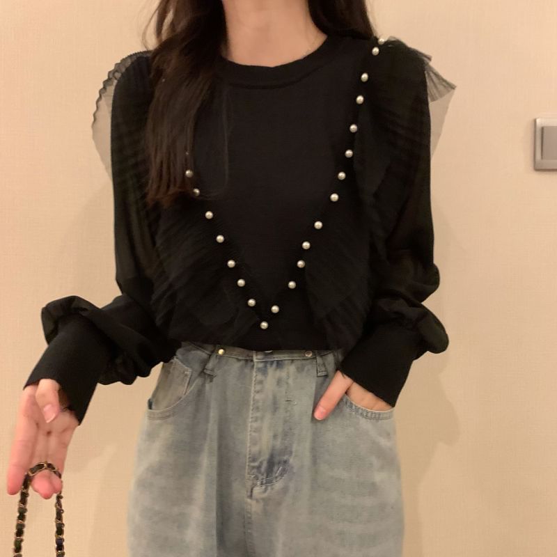 Top Plain Faux Long-Sleeve Neck Trim Ruffle Crew Knit Pearl