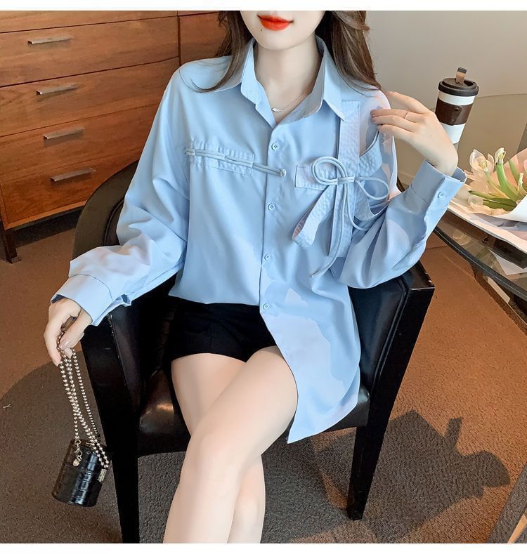 Accent Bow Shirt Plain Long-Sleeve