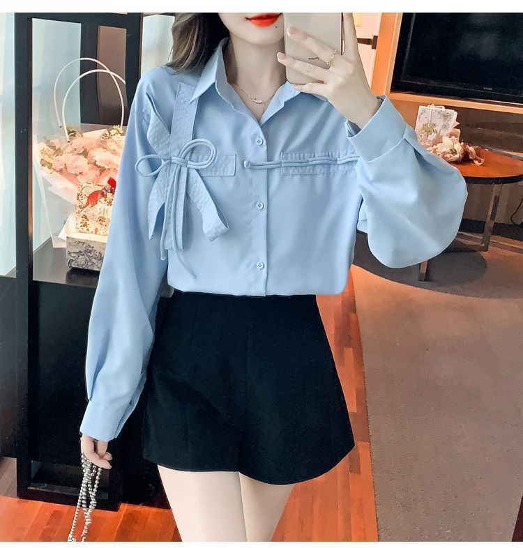 Accent Bow Shirt Plain Long-Sleeve