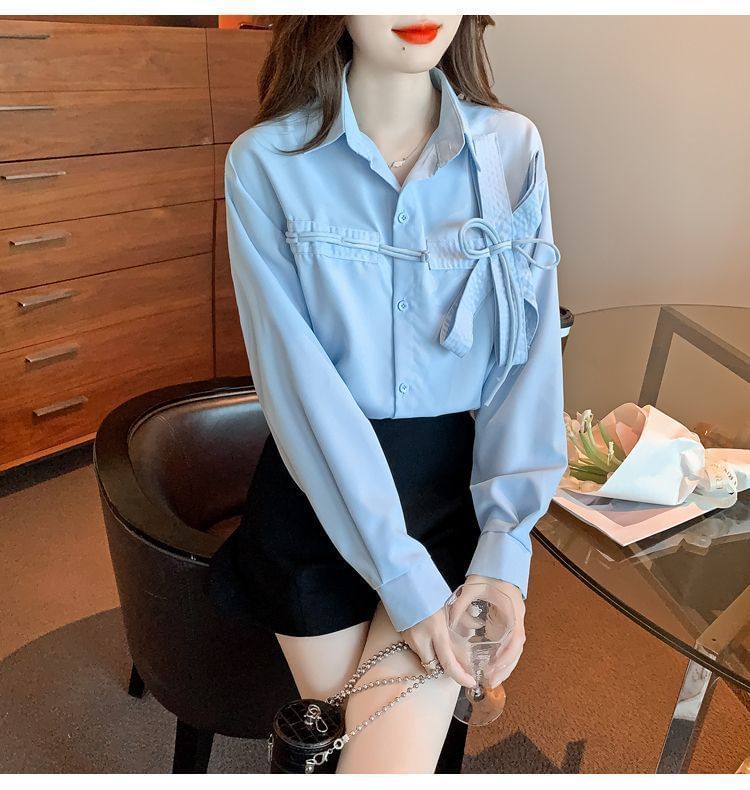 Accent Bow Shirt Plain Long-Sleeve