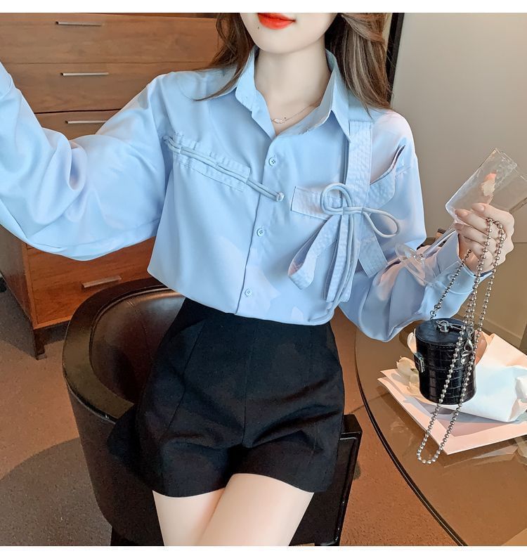 Accent Bow Shirt Plain Long-Sleeve