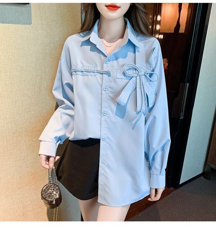 Accent Bow Shirt Plain Long-Sleeve