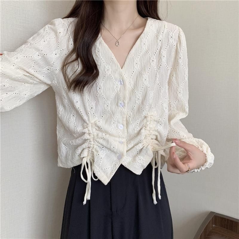 Drawstring Blouse Eyelet Long-Sleeve V-Neck Plain