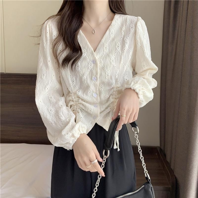 Drawstring Blouse Eyelet Long-Sleeve V-Neck Plain