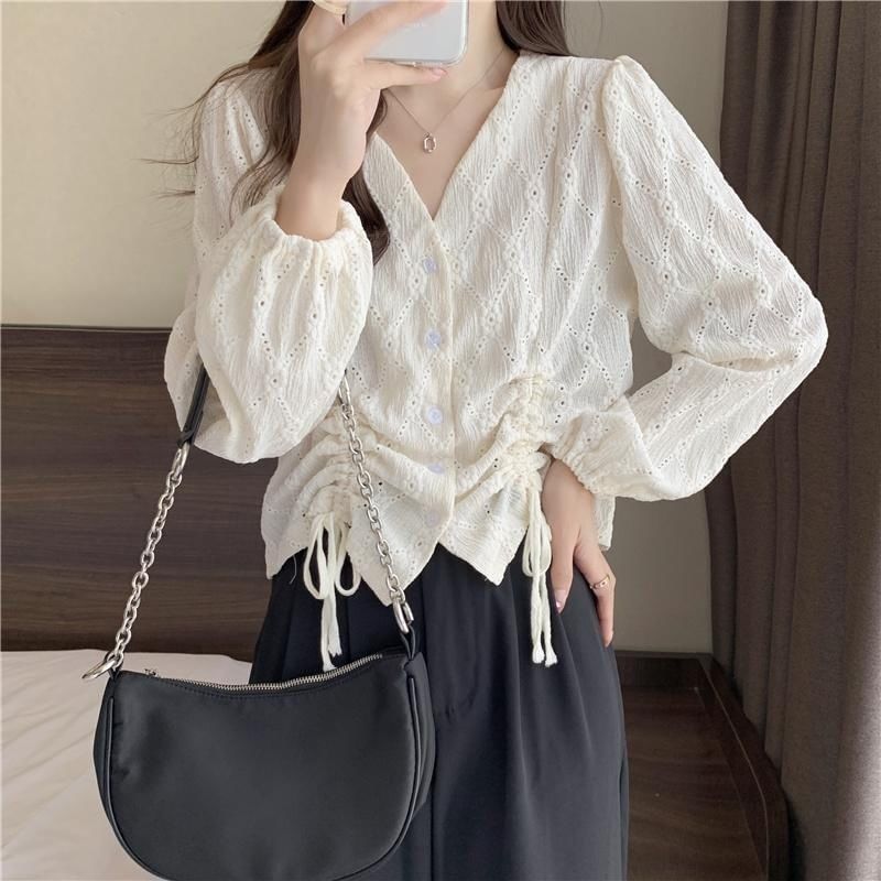 Drawstring Blouse Eyelet Long-Sleeve V-Neck Plain