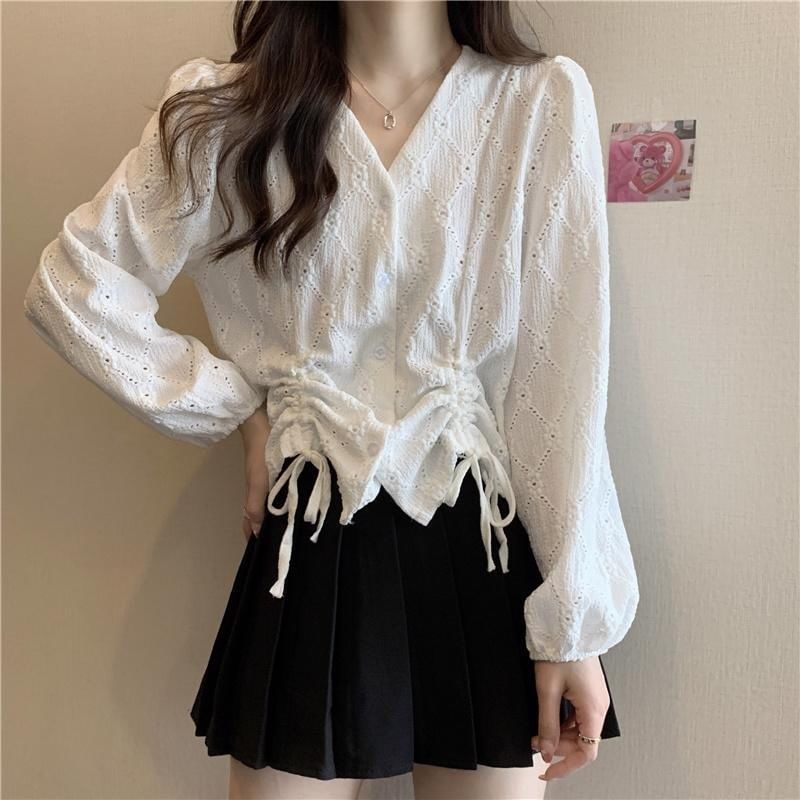 Drawstring Blouse Eyelet Long-Sleeve V-Neck Plain