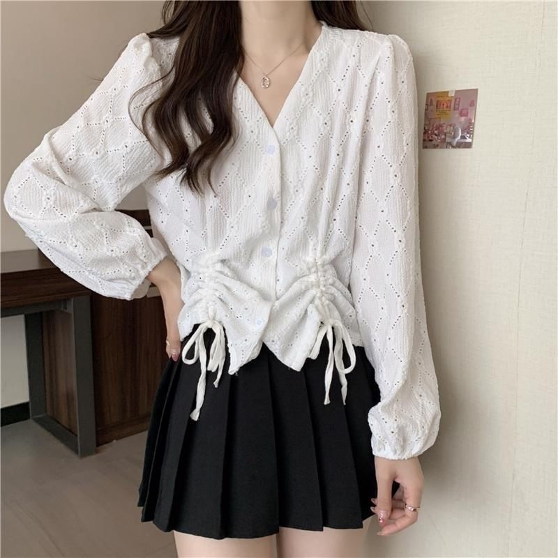 Drawstring Blouse Eyelet Long-Sleeve V-Neck Plain