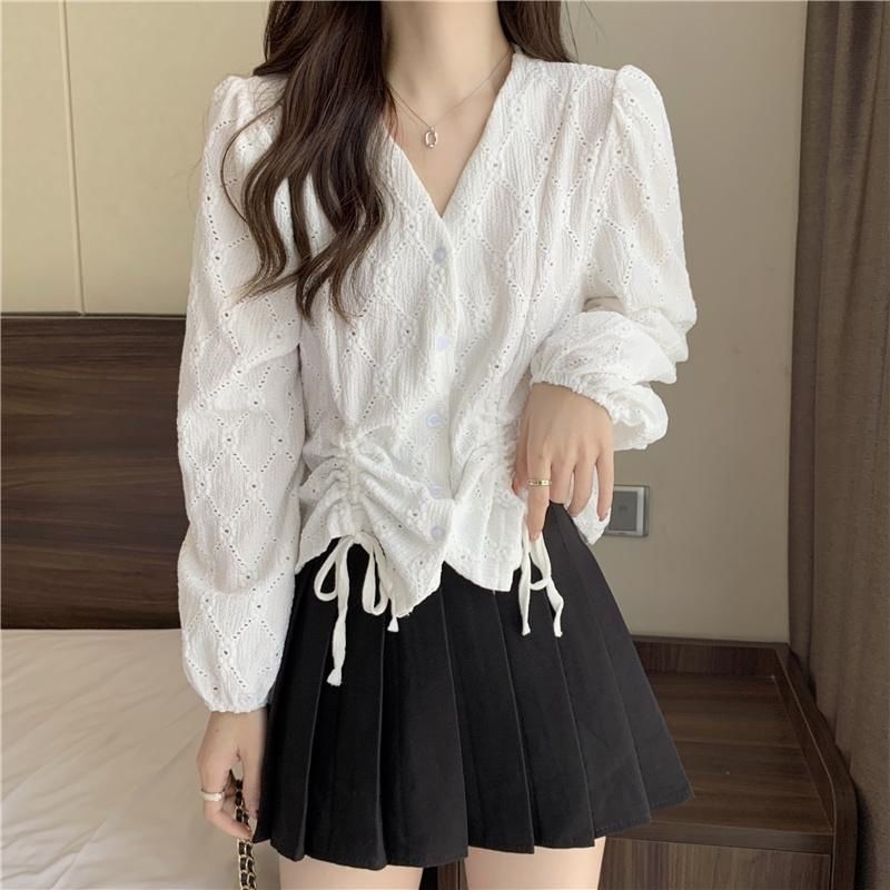 Drawstring Blouse Eyelet Long-Sleeve V-Neck Plain