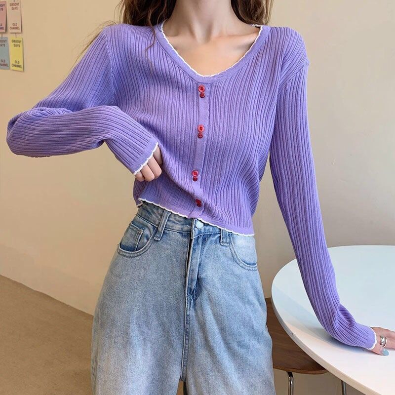 Long-Sleeve Top Ribbed Crop V-Neck Contrast Button Trim Knit