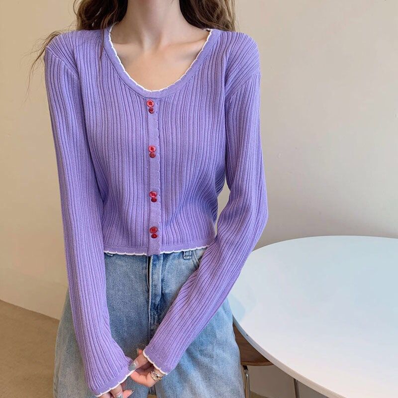 Long-Sleeve Top Ribbed Crop V-Neck Contrast Button Trim Knit