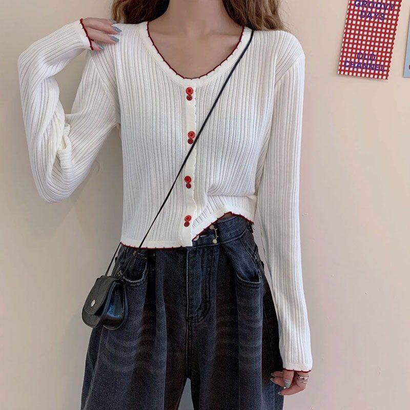 Long-Sleeve Top Ribbed Crop V-Neck Contrast Button Trim Knit