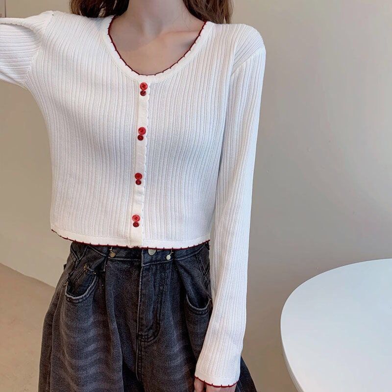 Long-Sleeve Top Ribbed Crop V-Neck Contrast Button Trim Knit