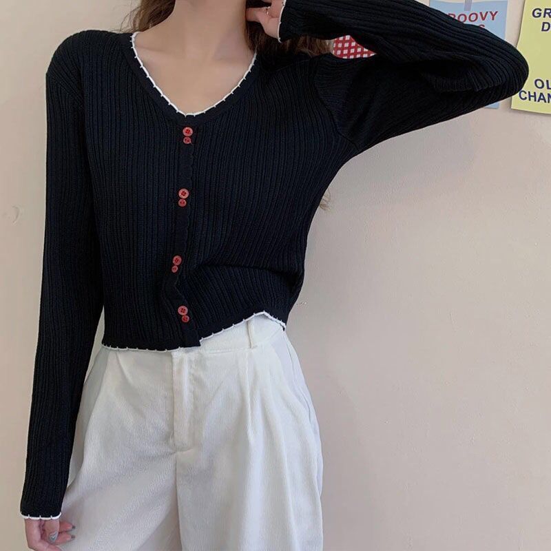Long-Sleeve Top Ribbed Crop V-Neck Contrast Button Trim Knit
