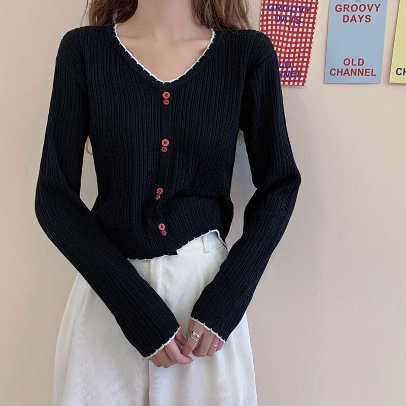 Long-Sleeve Top Ribbed Crop V-Neck Contrast Button Trim Knit