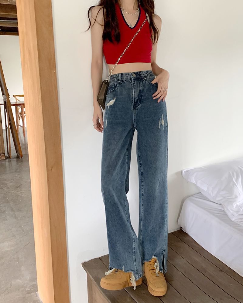 High Waist Distressed Fit Jeans Loose