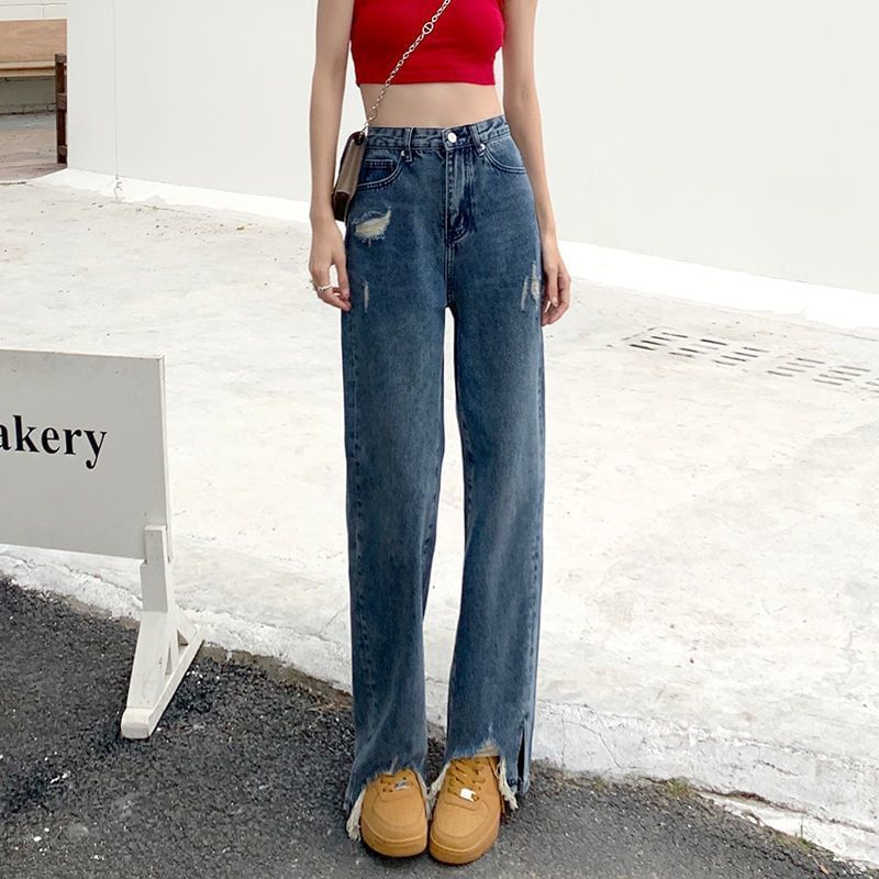 High Waist Distressed Fit Jeans Loose