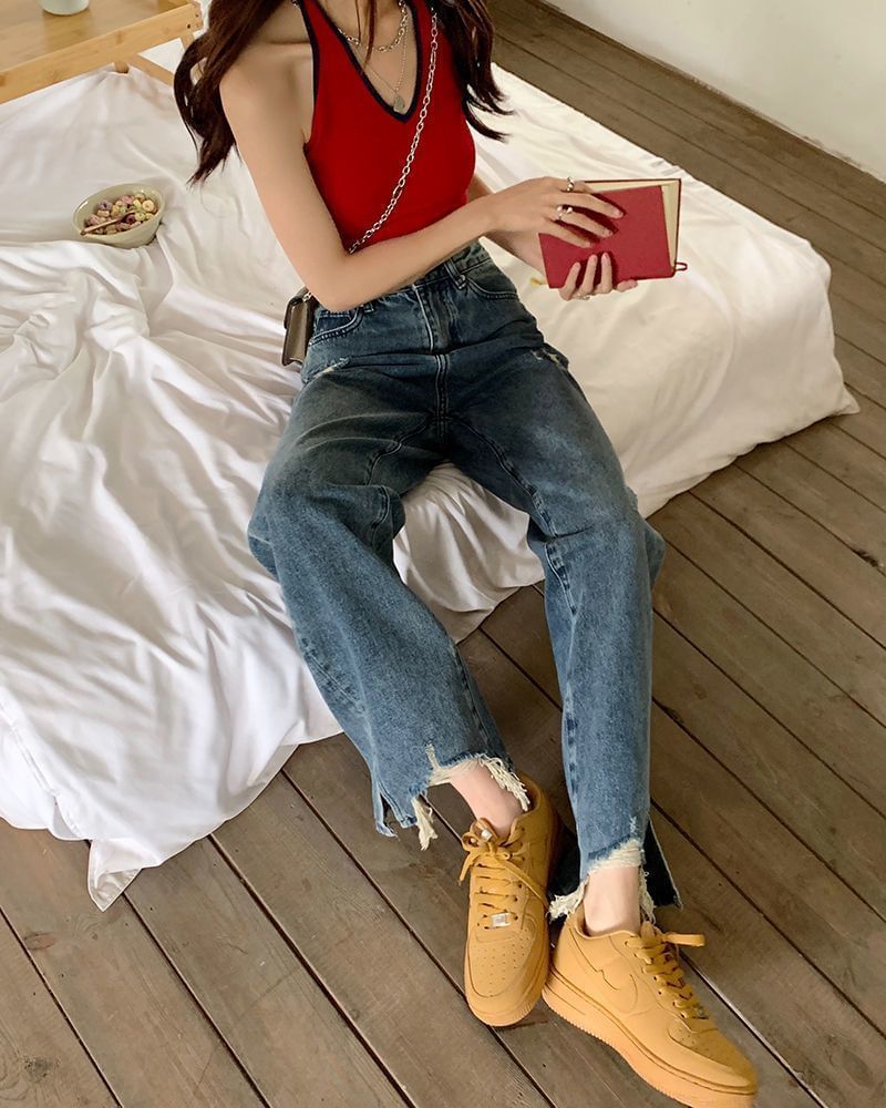 High Waist Distressed Fit Jeans Loose