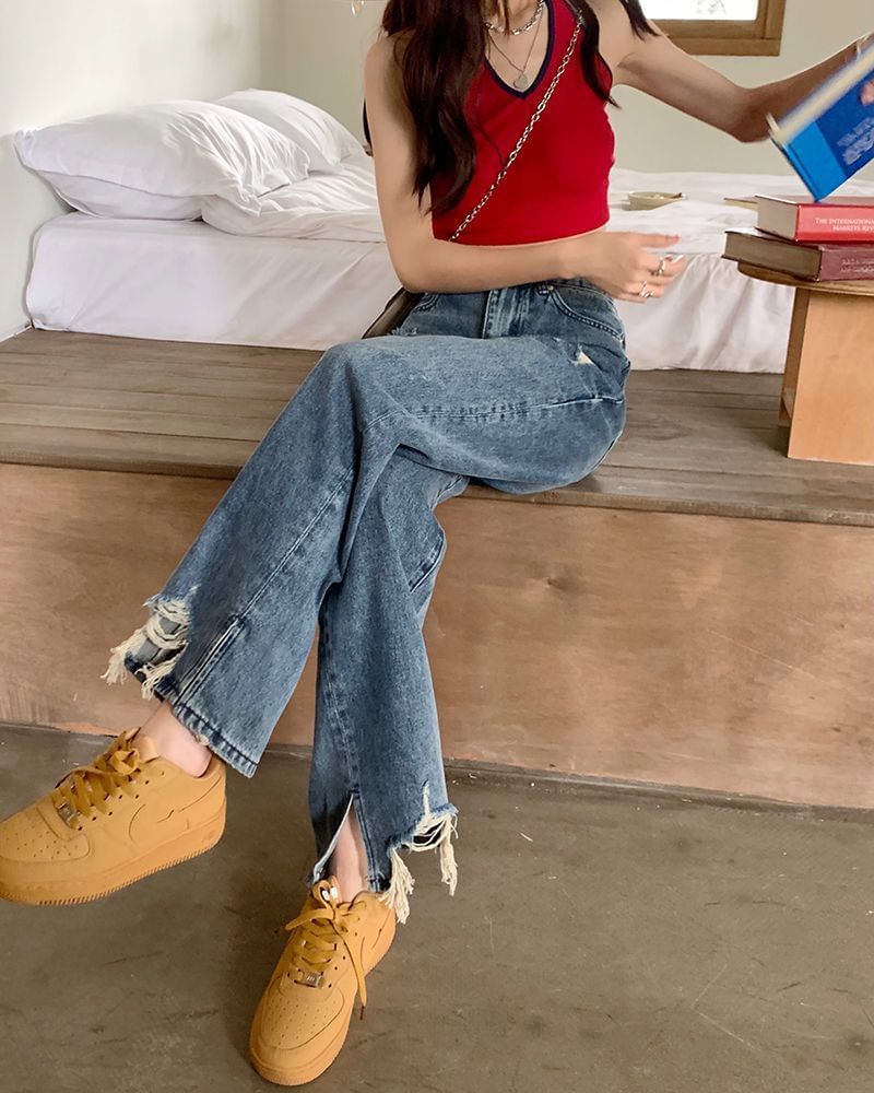 High Waist Distressed Fit Jeans Loose