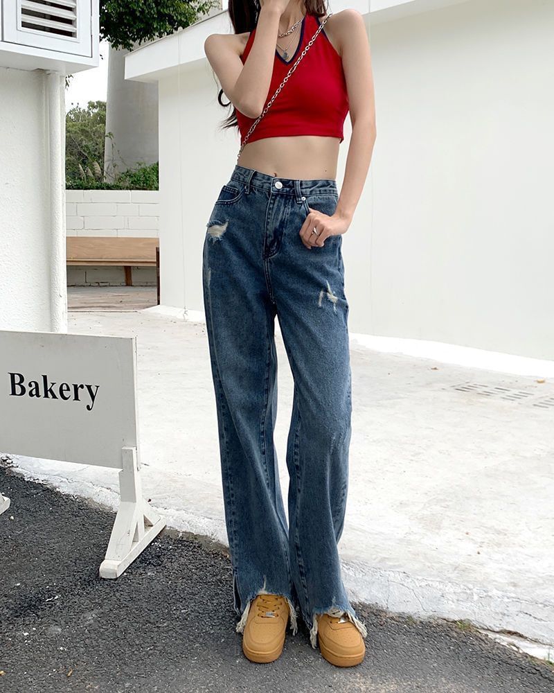 High Waist Distressed Fit Jeans Loose