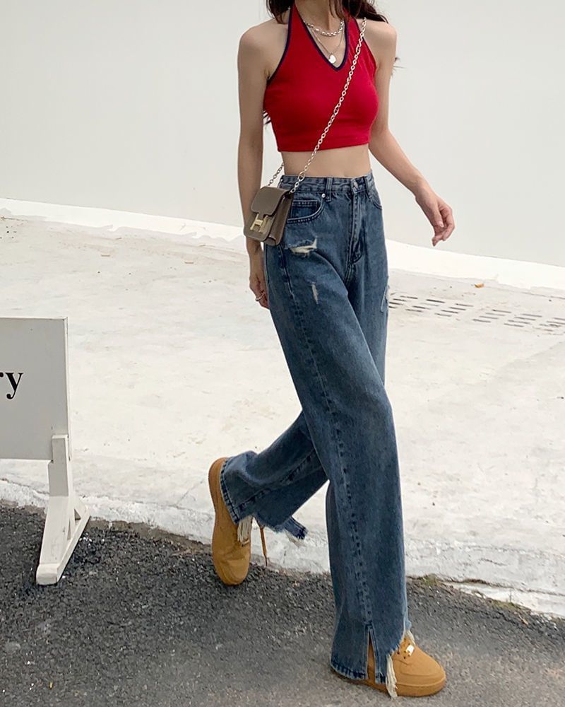 High Waist Distressed Fit Jeans Loose