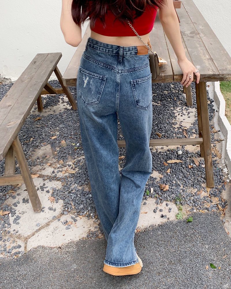 High Waist Distressed Fit Jeans Loose