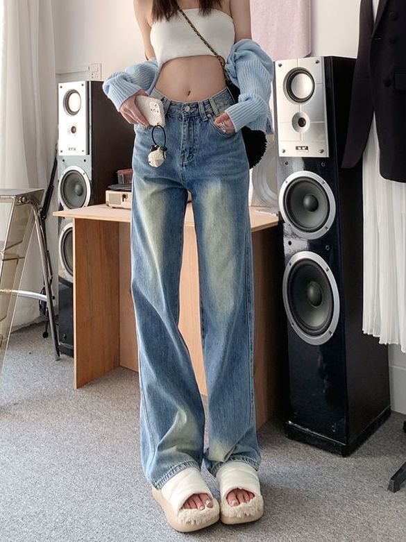 Washed Jeans Wide Leg Waist High