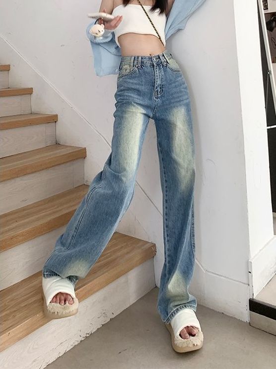 Washed Jeans Wide Leg Waist High