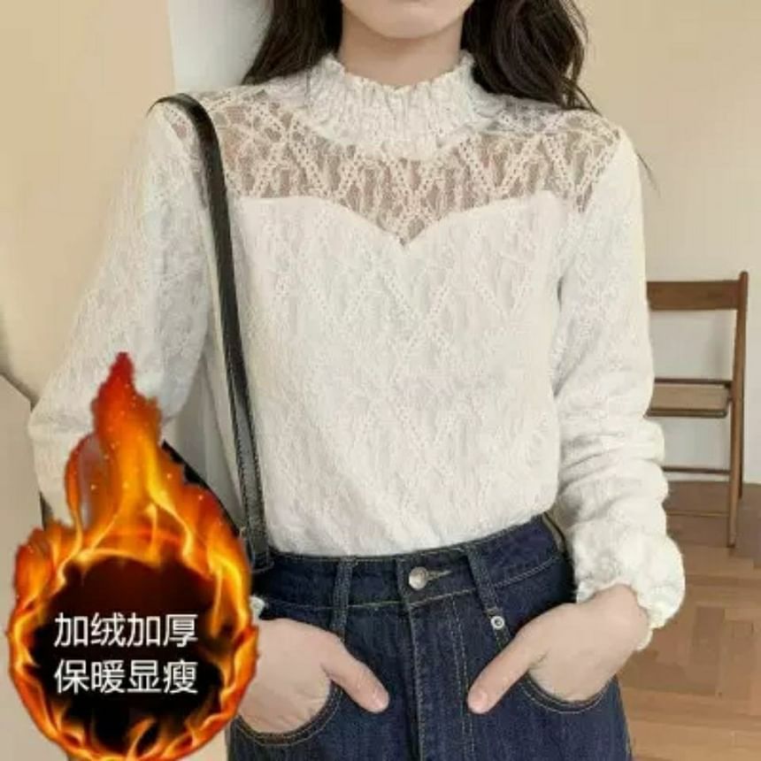 Long-Sleeve Mock Top Lace Plain Neck