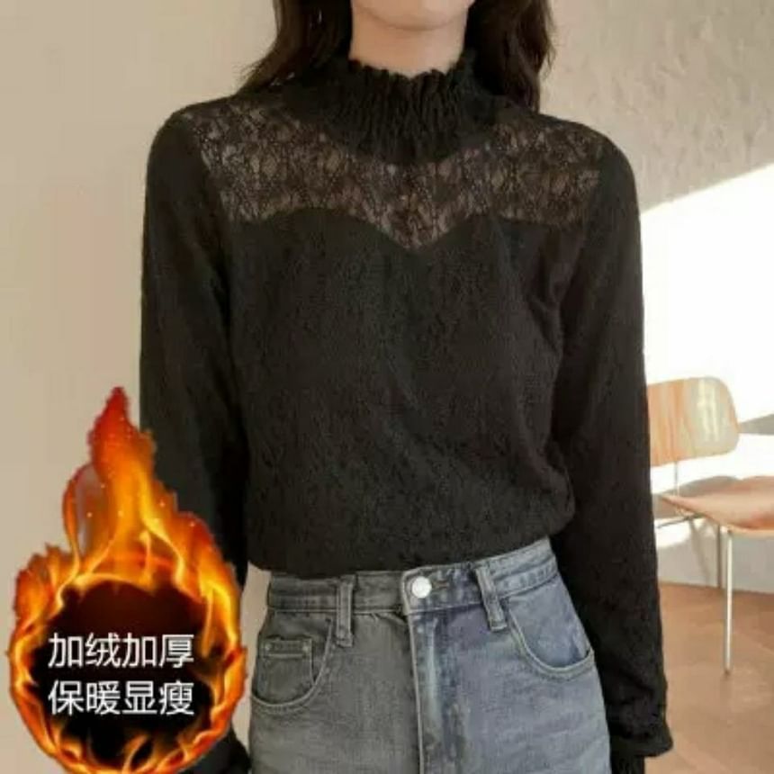 Long-Sleeve Mock Top Lace Plain Neck