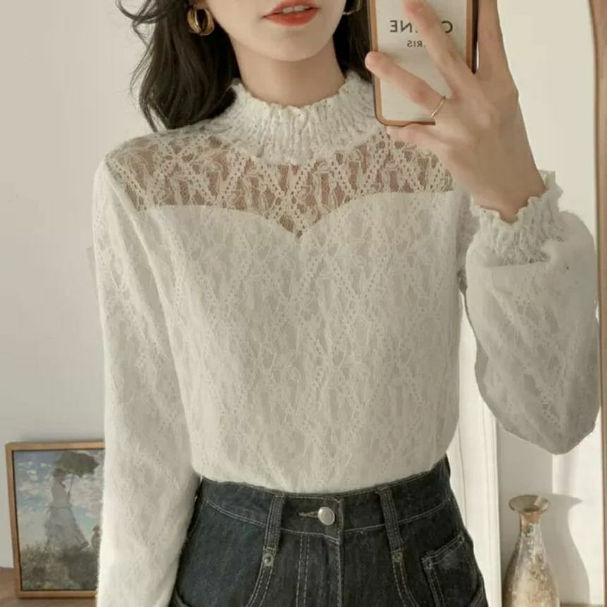 Long-Sleeve Mock Top Lace Plain Neck