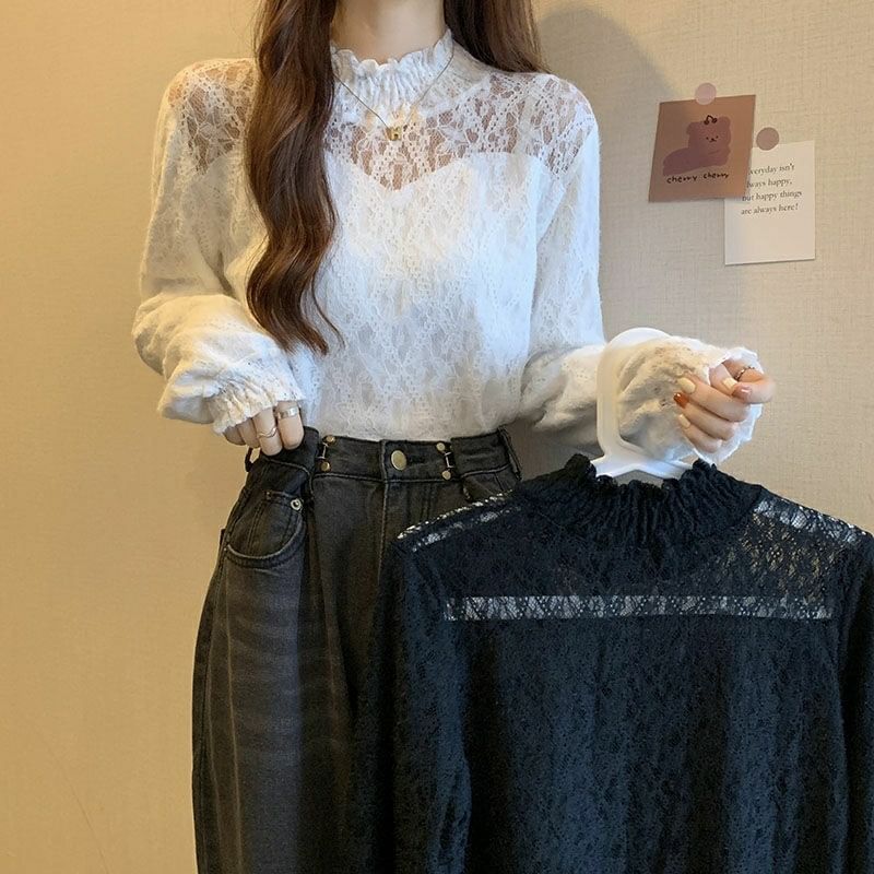 Long-Sleeve Mock Top Lace Plain Neck