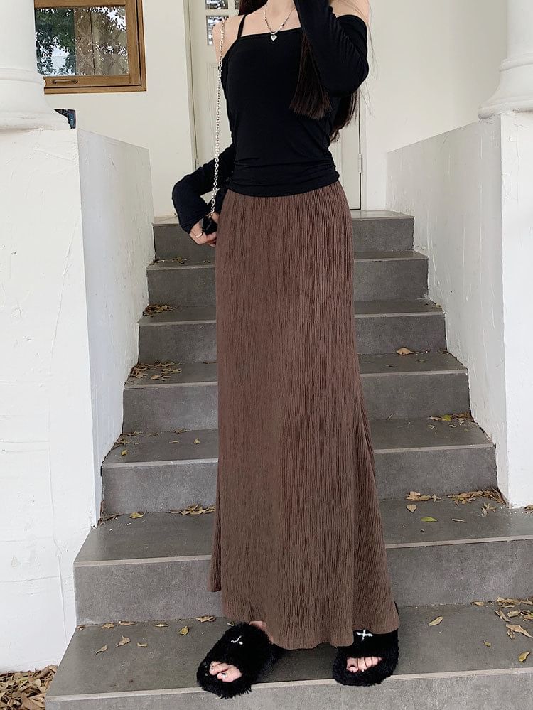 Elastic Skirt Waist Midi Plain A-Line