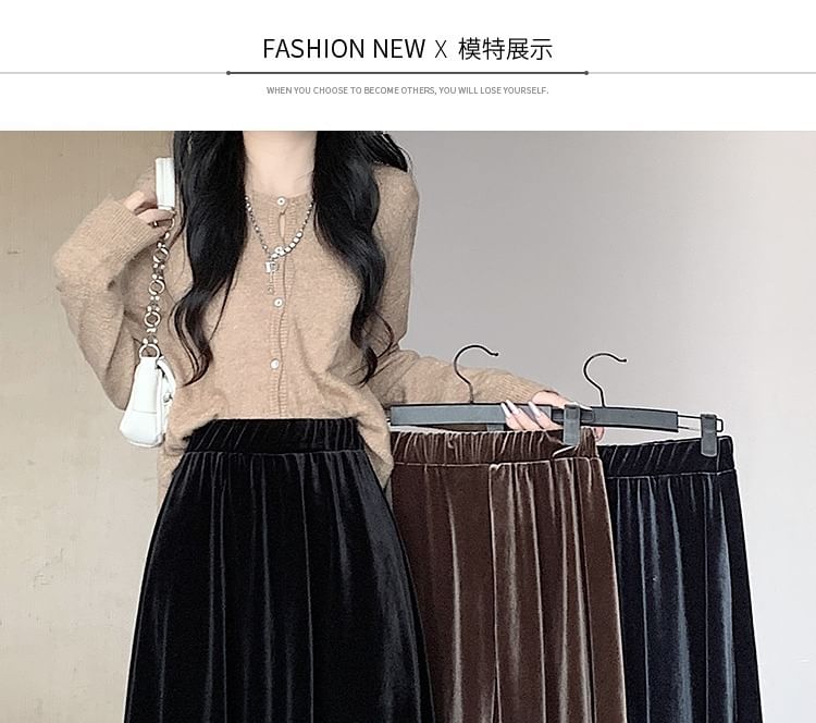 Elastic Midi Plain Waist Velvet Skirt A-Line