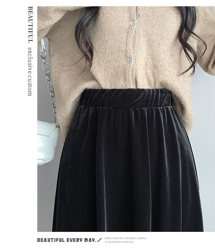 Elastic Midi Plain Waist Velvet Skirt A-Line