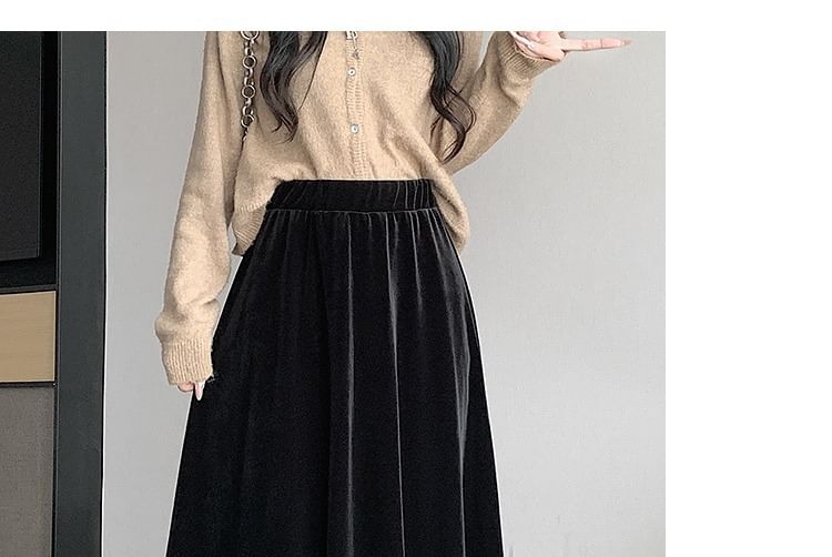 Elastic Midi Plain Waist Velvet Skirt A-Line