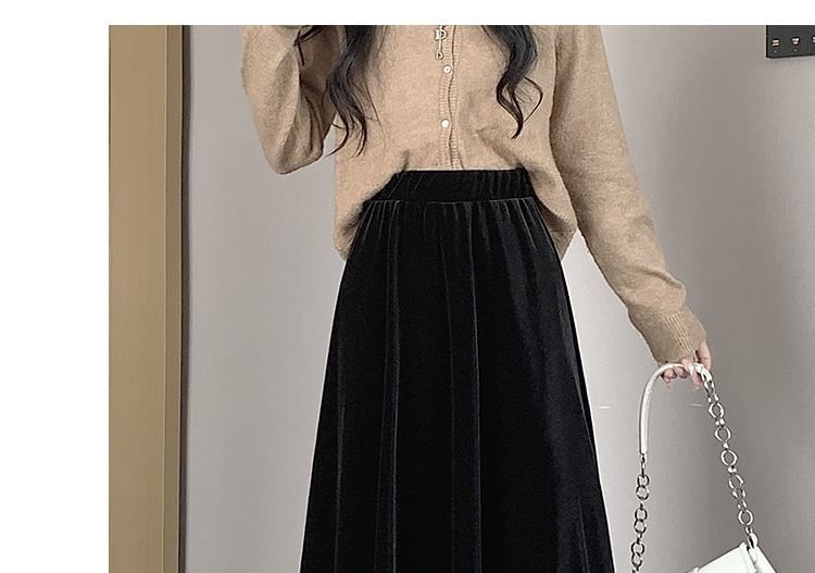 Elastic Midi Plain Waist Velvet Skirt A-Line