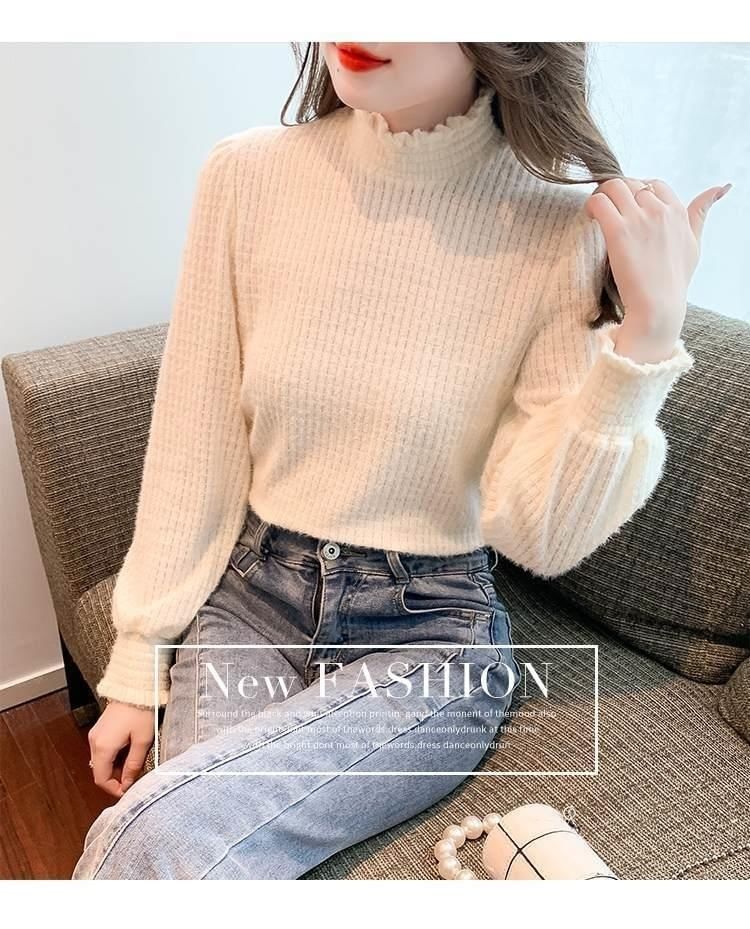 Top Long-Sleeve Plain Mock Neck Lace