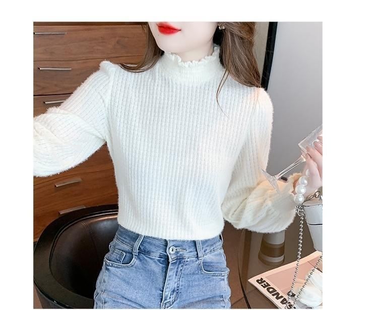 Top Long-Sleeve Plain Mock Neck Lace