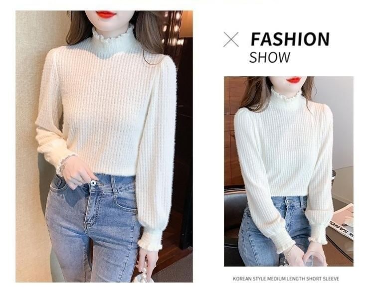 Top Long-Sleeve Plain Mock Neck Lace