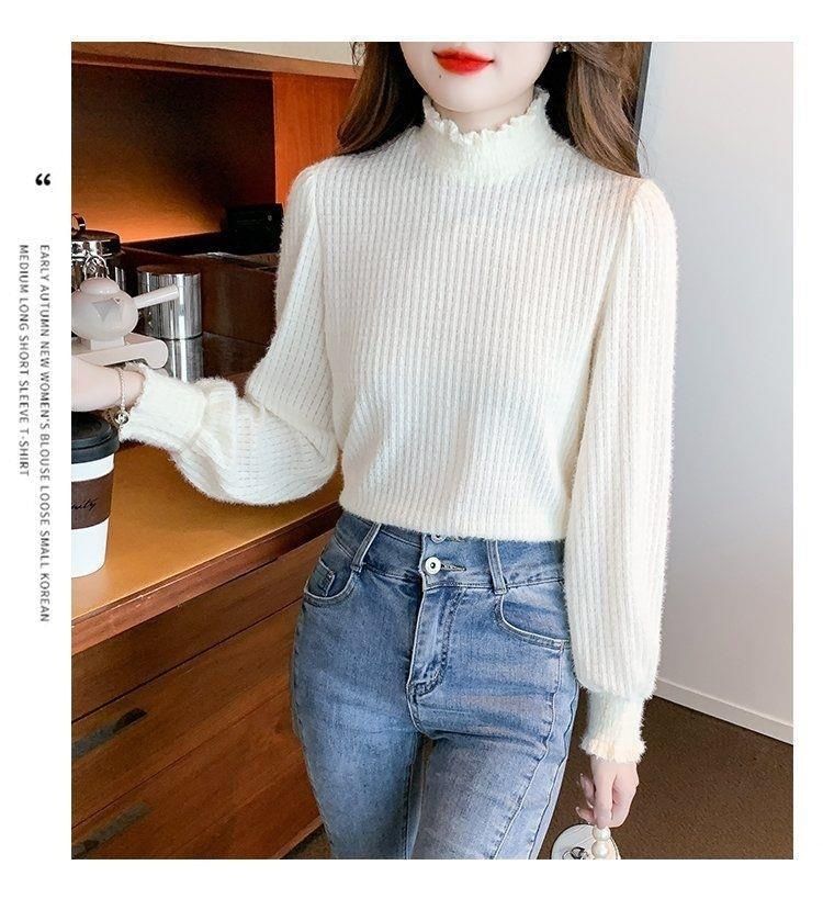 Top Long-Sleeve Plain Mock Neck Lace