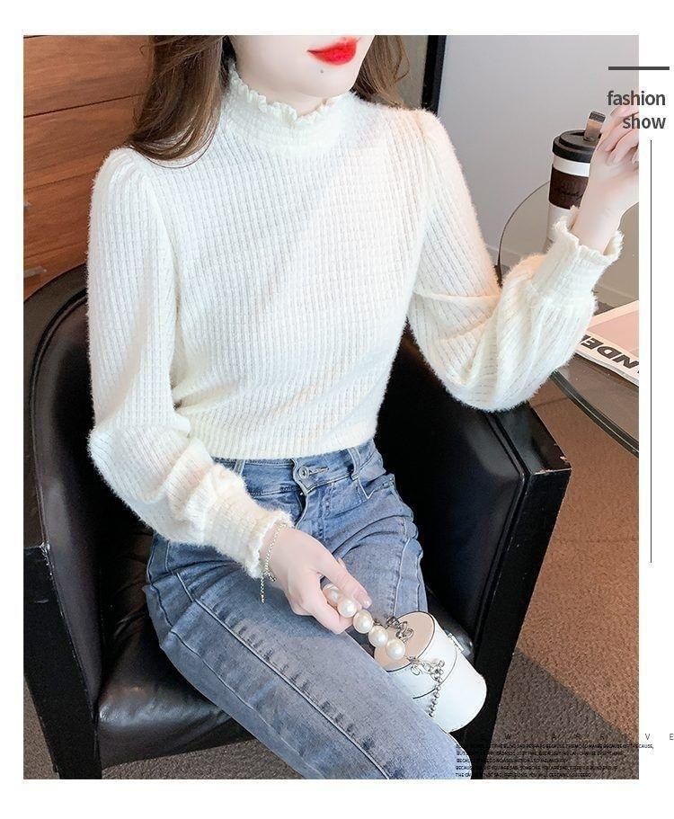 Top Long-Sleeve Plain Mock Neck Lace